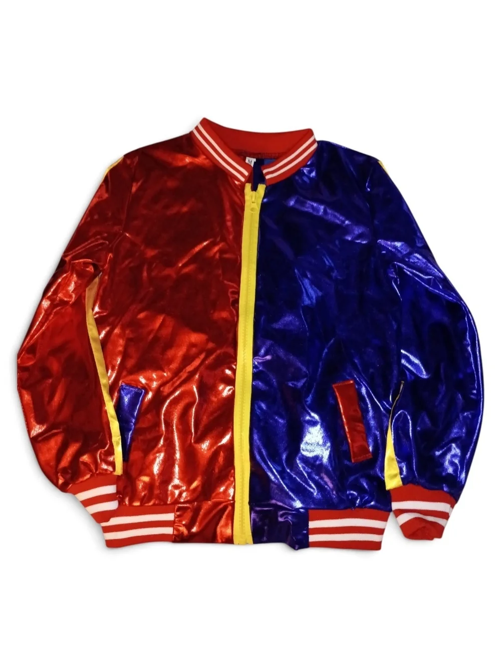 Harlequin Split-Color Metallic Satin Bomber Jacket - Red & Blue Size Medium NWOT